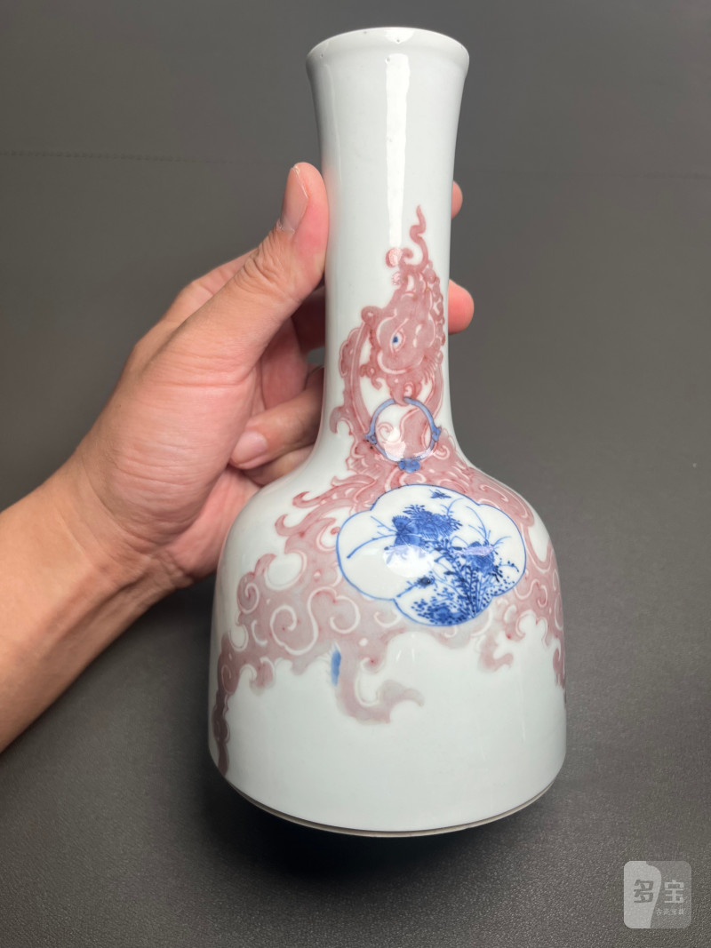 清康熙  青花釉里红夔凤开光花鸟纹双陆尊（附木盒） - 图7